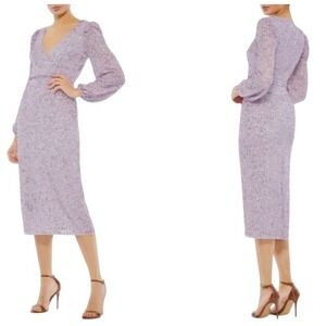 Mac Duggal 10764 Sequin Midi Dress Women Size 6 Lilac Bishop Sleeve Formal Prom